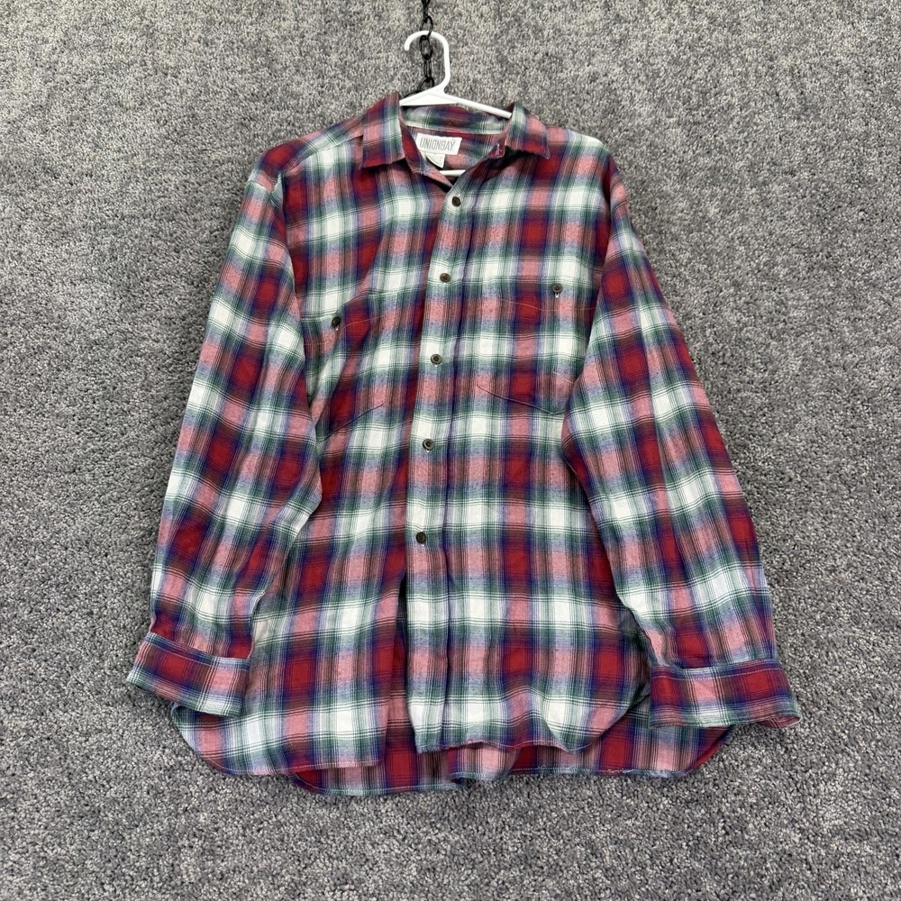 Vtg UNIONBAY Shirt Mens Medium Red Plaid Flannel Long Sleeve Button Pockets